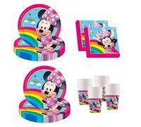Procos - Decoración de cumpleaños Minnie Mouse Rainbow, 52 piezas, platos de cartón, vasos y servilletas para fiestas infantiles, vajilla para fiestas