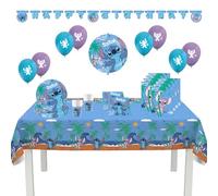 Procos - Decoración de cumpleaños Stitch, juego de 55 piezas, contiene 8 platos de papel, 8 vasos de papel, 20 servilletas, mantel, guirnalda, 8 globos, globo de papel de aluminio, 8 bolsas de fiesta