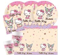 Procos Hello Kitty & Kuromi - Juego de 37 platos de cartón, vasos de cartón, servilletas, mantel para cumpleaños infantil