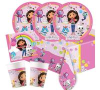 Procos Kit de fiesta Gabby's Dollhouse - Juego de 37 piezas con platos de cartón, vasos de cartón, servilletas, mantel para cumpleaños infantil