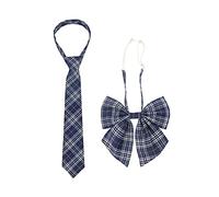 PROCOS Pajarita de lazo preatada unisex uniforme ajustable a cuadros de tartán conjunto de pajarita y corbata para disfraz de cosplay de 2 piezas, Corbata a cuadros azul marino, talla única