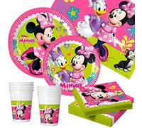 Disney - Vajilla infantil Minnie Mouse, Decoración cumpleaños para niñas, Vajilla desechable Mickey, 89 piezas (vasos, servilletas, platos y mantel), 16 comensales, Comuniones, bautizos, fiestas temáticas (71989)