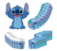 Procos - Vajilla de fiesta Disney Stitch, decoración de cumpleaños de 37 piezas contiene 8 platos de papel, 8 vasos de papel, 20 servilletas y un globo de aluminio, decoración de mesa para cumpleaños