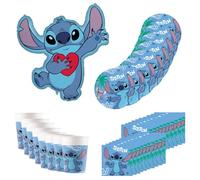 Procos - Vajilla de fiesta Disney Stitch, decoración de cumpleaños de 37 piezas contiene 8 platos de papel, 8 vasos de papel, 20 servilletas y un globo de aluminio, decoración de mesa para cumpleaños