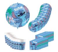 Procos - Vajilla de fiesta Disney Stitch, decoración de cumpleaños de 37 piezas contiene 8 platos de papel, 8 vasos de papel, 20 servilletas y un globo de aluminio, decoración de mesa para cumpleaños