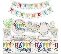 Productos para Fiestas Infantiles - Bandera de Cumpleaños, Mini Platos de Papel De Lunares, Servilletas, Vasos, Mantel Y Pajitas Para La Decoración De Fiestas Infantiles de Adultos, para 20 Invitados