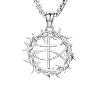 PROESS Collar para hombre de plata de ley 925, diseño de león, memento mori, corona de espinas, colgante religioso, regalo cristiano, Plata esterlina, Sin piedra preciosa