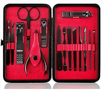 Profesional Cortaúñas Acero Inoxidable Grooming Kit - Set de 15 Piezas para Manicura y Pedicura Limpiador Cutícula con Bonita Caja (Rojo Negro-15 PCS)