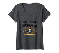 Profesores Unisex Profesional Kid Wrangler Divertido Regalo Camiseta Cuello V, Mujer, Jaspeado Oscuro, S
