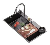 Professional Stainless Steel Waterfall Kitchen Sink Workstation with Glass Washer & High-Pressure Pull-out Faucet - Sleek 85x45x21cm Countertop Design
