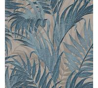 Profhome Papel pintado palmeras GR322108-DI Papel pintado no tejido gris azul petrol azul-oceano 0,53 m x 10,05 m / 5,33 m2