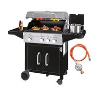 ProfiCook PC-GG 1219 - Barbacoa de gas, 3 quemadores de acero inoxidable + fogones adicionales (3 + 1), superficie de parrilla de 66 x 38 cm, 4 ruedas (2 de ellas con bloqueo), color negro