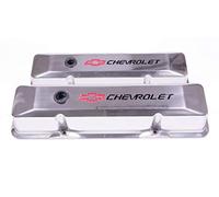 ProForm Tapa de válvula, fundida a presión, alta, deflector, agujero de respiración, logotipo de Chevrolet Bowtie empotrado, aluminio, pulido, Chevy de bloque pequeño, par (141-108)
