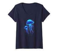 Profundidades del mar y Medusa resplandeciente Camiseta Cuello V, Mujer, Azul Marino, XL