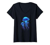 Profundidades del mar y Medusa resplandeciente Camiseta Cuello V, Mujer, Negro, L