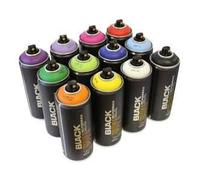 PROGAL COLORS Montana BLACK 400 ml Pintura en Spray Graffiti Street Art Mural 12 Unidades Colores Populares Negro + Pack 6 Boquillas