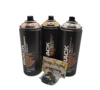 PROGAL COLORS Montana Black - Juego de 3 Botes de Spray de Pintura de 400 ml en Colores Plateado, Cobre y Dorado, Incluye 3 Cabezales de Pulverización