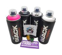 PROGAL COLORS Montana BLACK Pintura en Aerosol para Grafiti, 400ml, 4 Colores (Blanco, Negro, Fucsia, Cromo Plateado), Incluye 3 Boquillas de Repuesto + 1 sticker de Montana Cans