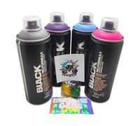 PROGAL COLORS Montana BLACK Pintura en Aerosol para Grafiti, 400ml, 4 Colores (Gris, Púrpura, Azul, Rosa), Alta Presión, Acabado Mate, con 3 boquillas de repuestos + 1 sticker de Montana Cans