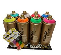 PROGAL COLORS Montana Cans - Montana Gold - Juego de 8 Colores Neón Fluorescentes 400ml y 6 Cabezales de Repuesto - Pintura en Spray UV, Brillan con Luz Negra