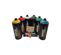 PROGAL COLORS Montana - Juego de 6 Botes de Spray Wildstyle de 400 ml (Amarillo, Naranja, Rojo, Azul, Negro y Blanco) + 6 Cabezales de Pulverización de Repuesto, Pintura en Aerosol de Alta Presión