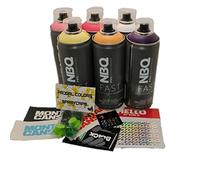 PROGAL COLORS NBQ FAST LIGHT FIRE PACK (6x Spray 400mL + 6x Difusor/Cap + Kit de Pegatinas) Pintura en Spray de Alta presión Acabado Mate Multisuperficie Muralismo y decoración