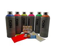PROGAL COLORS NBQ Juego de 6 Botes de Espray Fluor de Alta Cobertura para Graffiti Pro, 6 x 400 ml, con Cabezales de Pulverización de Repuesto, para Manualidades, Arte, Válvula Ligera, Bellas Artes
