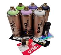 PROGAL COLORS PACK MONTANA CANS GOLD (6x Montana Gold 400ml + 1x Negro pocket 50ml + 6x Boquillas de repuesto + Pegatinas) Acabado Satinado Máxima calidad Graffiti Muralismo Colores Vivos