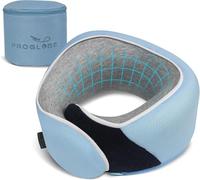 Proglobe, Almohada cervical ergonómica de espuma viscoelástica infantil para viaje de avión, coche, asiento elevador, suave, lavable, compacta, con correa, de 4 a 13 años, Azul claro