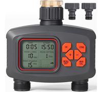 Programador Riego 2 Salidas con Entrada de Latón, Temporizador Riego Automatico con Retraso por Lluvia/ Riego Manual, Programador de Riego a Pilas Impermeable IP66 para Jardín, Césped