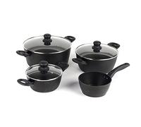 PROGRESS BW08043EU Batería De Cocina Diamond, 4 Piezas, Incluye 3 Ollas Con Tapas Y Un Cazo, 16/20/24 cm, Aptas Para Lavavajillas, Fabricado En Aluminio Forjado Duradero, Resistentes Al Calor, Negro