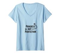 Progress Not Perfection Motivational Growth Mindset Cita Camiseta Cuello V, Mujer, Azul Bebé, M