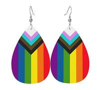 Progress Pride Flag Rainbow Gay Lesbian Transgénero Bisexual Lgbtq Pendientes de cuero para mujer Faux Leathe Water Drop Pendientes Vintage Ligero Pendientes colgantes Joyas para mujer