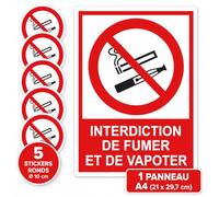 Prohibición de fumar y vapear - Paneles y pegatinas profesionales - Señalización conforme - Varios tamaños y lotes disponibles (1 A4 prohibición de fumar + 5 pegatinas de 10 cm)
