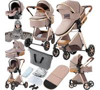 Prokoke Carrito Bebe 3 en 1, Carro 3 Piezas con Empuje Reversible de Dos Vías, Carrito Bebe con Estructura de Aleación Aluminio, Cochecito Tres Piezas Para Recién Nacidos (225 Khaki)