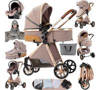 Prokoke Carrito Bebe 3 en 1, Carro Bebe 3 Piezas con Empuje Reversible de Dos Vías, Cochecito Tres Piezas con Estructura de Aleación Aluminio, Coche Tres en 1 Recién Nacidos (225 Khaki)