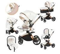 Prokoke Cuero PU Carrito Bebe 3 en 1, Carrito Bebe con Asiento Ajustable Rotación 360°, Carro 3 Piezas con Estructura de Aleación de Aluminio, Cochecito Tres Piezas Recién Nacidos (906 White)