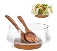 PROLEE Juego de cuencos de ensalada de vidrio, cuencos grandes de vidrio con base de madera maciza, cuencos elegantes para servir ensaladas para utensilios de cocina y fiestas (transparente)
