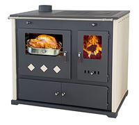 Prometey, Estufa de leña con compartimento y placa de cocción Pracktik Lux Beige izquierda, 9,5 kW, estufa de combustión continua, estufa sueca de taller, cabaña