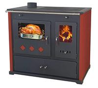 Prometey, Estufa de leña con compartimento y placa de cocción Pracktik Lux, color rojo izquierdo, 9,5 kW, estufa de combustión continua, estufa de taller, estufa sueca, estufa de cabaña