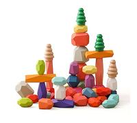 Promise Babe Montessori Juguetes apilables de Madera, Piedras de Equilibrio, Bloques de construcción de Madera Waldorf, Piedra de apilamiento de Madera arcoíris, Juguetes de Madera (48PCS Set) 3+