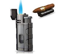 PROMISE Encendedor de Antorcha de Triple Llama a Chorro Recargable de Butano para Cigarros Resistente al Viento con Perforador de Cigarros - Butano No Incluido (Gunmetal-E)