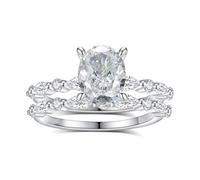 Promise Ring Beste Freundin, Zarter Ring 2 Schmale Ringe mit 7X9mm Ovalem Moissanit Silber Platin Größe 54 (17.2)