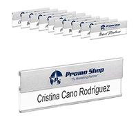 PROMO-SHOP - 10 Placas Identificativas Personalizadas de Aluminio con Pinza de Enganche Trasera, Impresión UV, Chapa Identificativa Trabajo, Identificadores Personales para Ferias y Seminarios