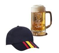 PROMO SHOP - Jarra de Cerveza de Vidrio Personalizada con Frase Soy español, ¿a qué quieres que te gane?, Posavasos y Gorra Azul de España de Regalo, Mundial 2026, ½ litro (50 cl)