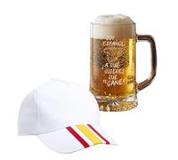 PROMO SHOP - Jarra de Cerveza de Vidrio Personalizada con Frase Soy español, ¿a qué quieres que te gane?, 50 cl, Pack con Posavasos y Gorra Blanca de Regalo, Tema Mundial 2026