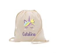 PROMO SHOP Mochila Cuerdas 100% Algodón Natural · PERSONALIZADA con tu Nombre a Todo Color en Impresión Textil · Diferentes Diseños para Personalizar · Tamaño 41cm x 37cm (UNICORNIO)
