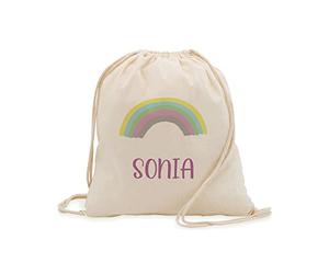 PROMO SHOP Mochila Cuerdas 100% Algodón Natural · PERSONALIZADA con tu Nombre o Foto a Todo Color en Impresión Textil · Diferentes Diseños para Personalizar · Tamaño 41cm x 37cm (ARCOIRIS)