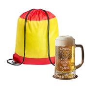 PROMO SHOP - Pack de Jarra de Cerveza de Vidrio Personalizada con Frase Soy español, ¿a qué quieres que te gane?, Posavasos y Mochila de España de Regalo, Mundial 2026, ½ litro (50 cl)