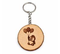 Promotech Llavero de madera con diseño de pingüino con globos, grabado láser en madera natural, bonito colgante redondo de madera con anillo de metal - Idea de regalo